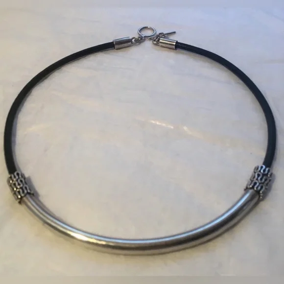 1844 vtgMexico .925 Sterling Silver Curved Band W Leather Choker Toggle Clasp
